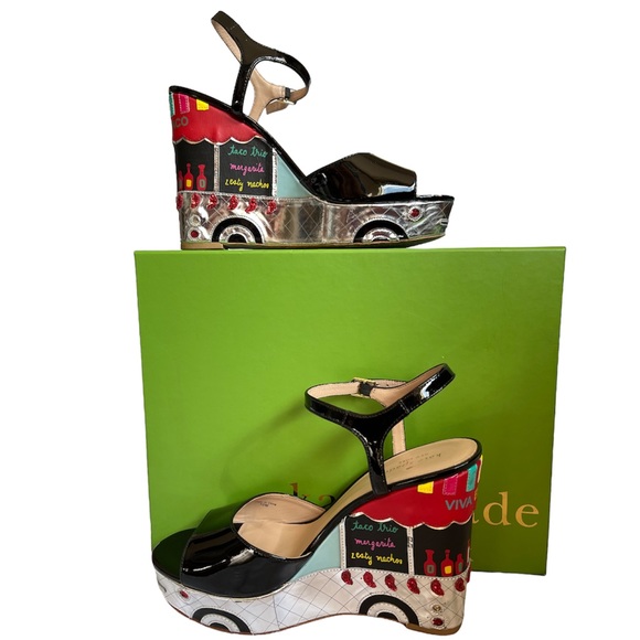 Kate Spade Black Patent Leather Dora Wedges Taco Truck Viva El Taco Size 10 - Picture 3 of 17